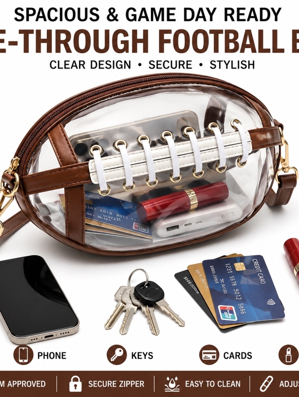 Football-Shaped Clear Crossbody Bag Stadium Approved Brown Purse - Picture 2 of 13